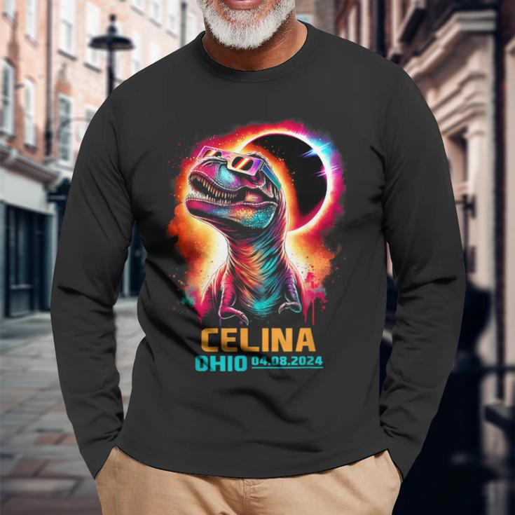 Celina Ohio Total Solar Eclipse 2024Rex Dinosaur Colorful Long Sleeve T-Shirt Gifts for Old Men