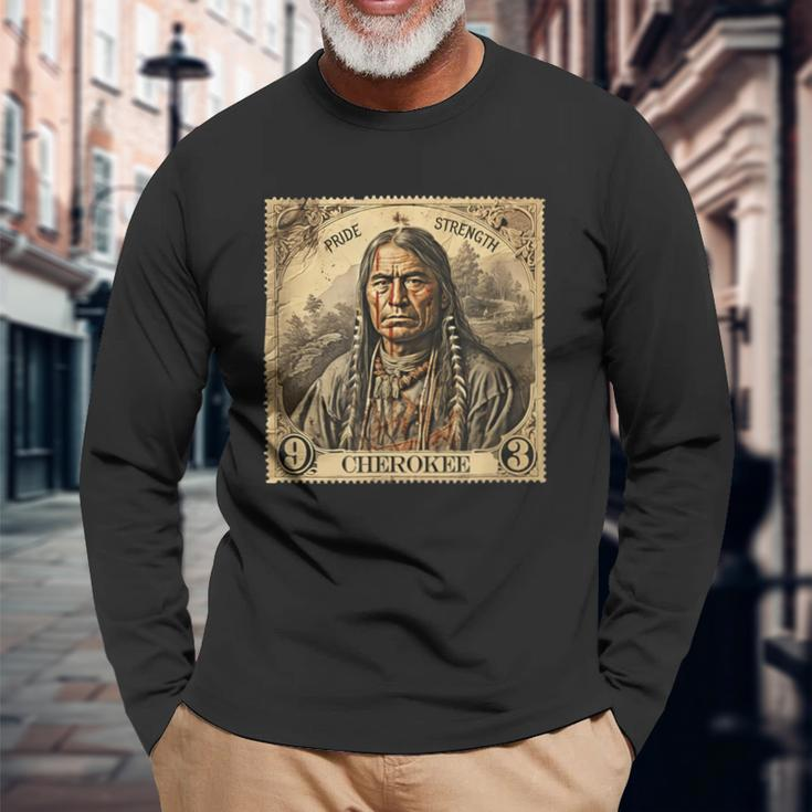Cherokee Native Indian Retro Stamp Pride Strength Long Sleeve T-Shirt Gifts for Old Men