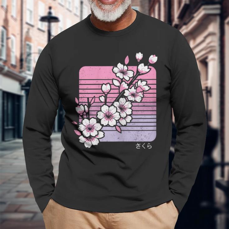 Cherry Blossom Japanese Sakura Vaporwave Aesthetic Vintage Long Sleeve T-Shirt Gifts for Old Men