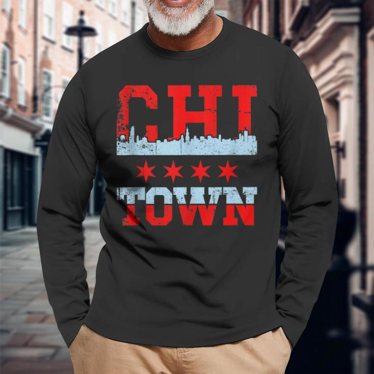 Chi Town Chicago Souvenir Skyline Flag Long Sleeve T-Shirt Gifts for Old Men