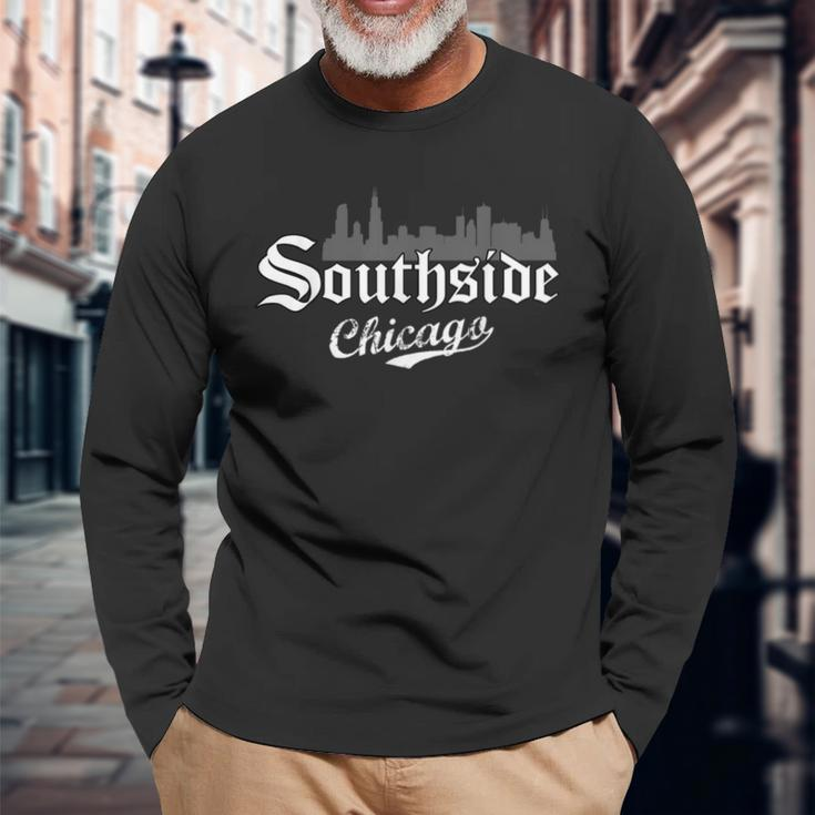 Chicago City Skyline Southside Retro Vintage Long Sleeve T-Shirt Gifts for Old Men