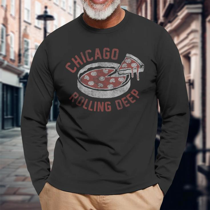 Chicago Rolling Deep Dish Pizza Vintage Graphic Long Sleeve T-Shirt Gifts for Old Men