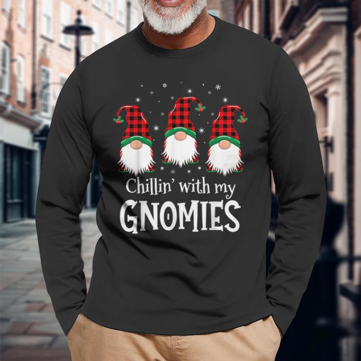 Chillin' With My Gnomies Buffalo Red Plaid Christmas Gnome Long Sleeve T-Shirt Gifts for Old Men