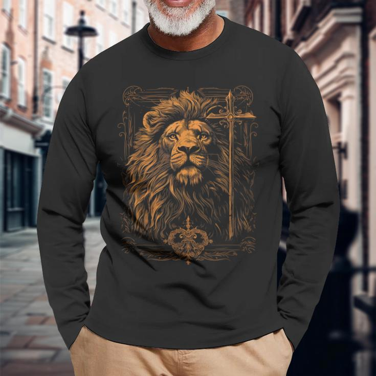 Christian Cross Lion Of Judah Religious Faith Jesus Pastor Long Sleeve T-Shirt Gifts for Old Men