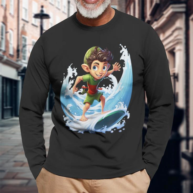 Christmas Elf Riding Surfboard Surfing Surfboarding X-Mas Long Sleeve T-Shirt Gifts for Old Men