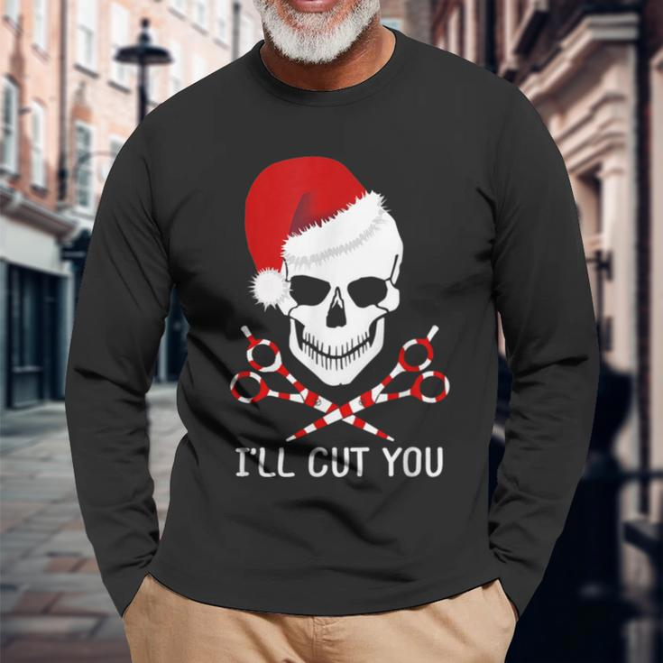Christmas Skull Hairdresser Hair Stylist Santa Barber Long Sleeve T-Shirt Gifts for Old Men