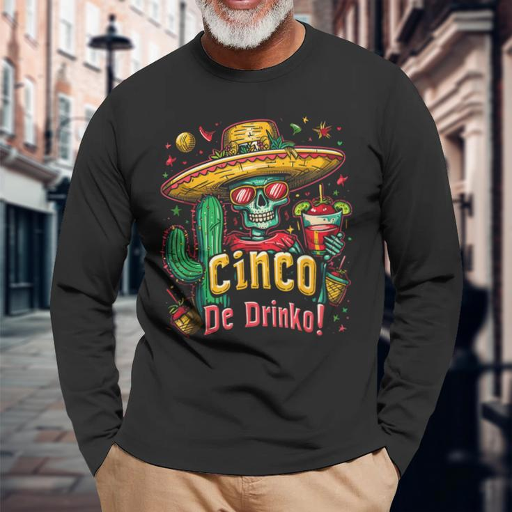 Cinco De Drinko Mexican Skull Fiesta 5 De Mayo Drinking Long Sleeve T-Shirt Gifts for Old Men