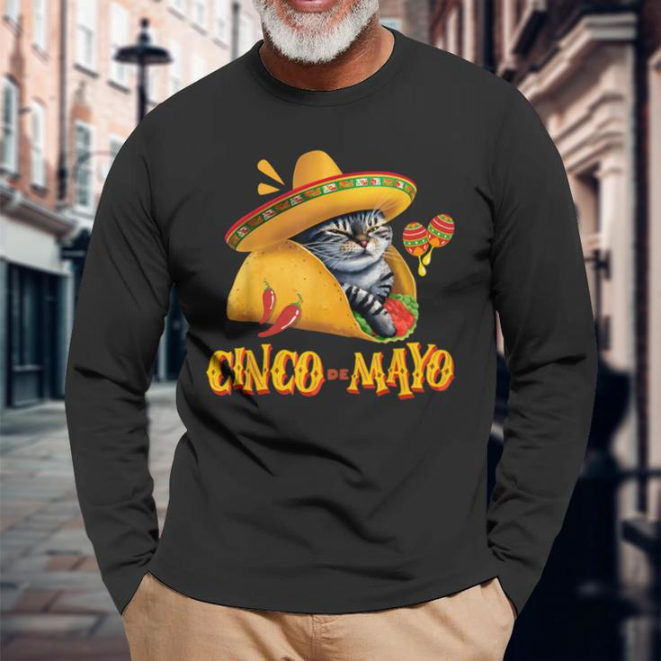 Cinco De Mayo Mexican Fiesta 5 De Mayo Taco Cat Long Sleeve T-Shirt Gifts for Old Men