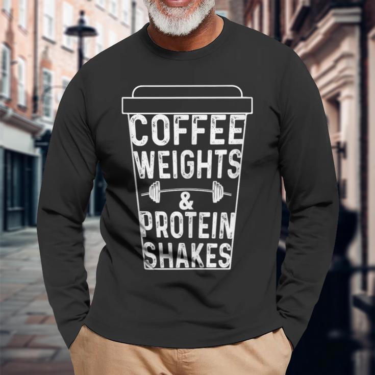 Coffee Weights & Protein Shakes Lifting Long Sleeve T-Shirt Gifts for Old Men