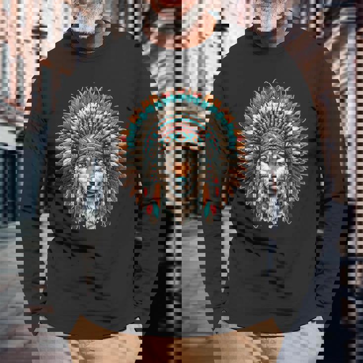 Coiffe Amérindienne Loup Indien T-shirt à manches longues Cadeaux pour les vieillards