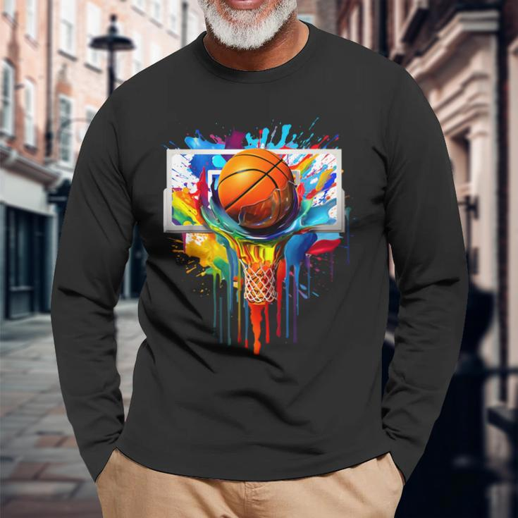 Colorful Basketball Tie Dye Color Splash Hoop Net Slam Dunk Long Sleeve T-Shirt Gifts for Old Men