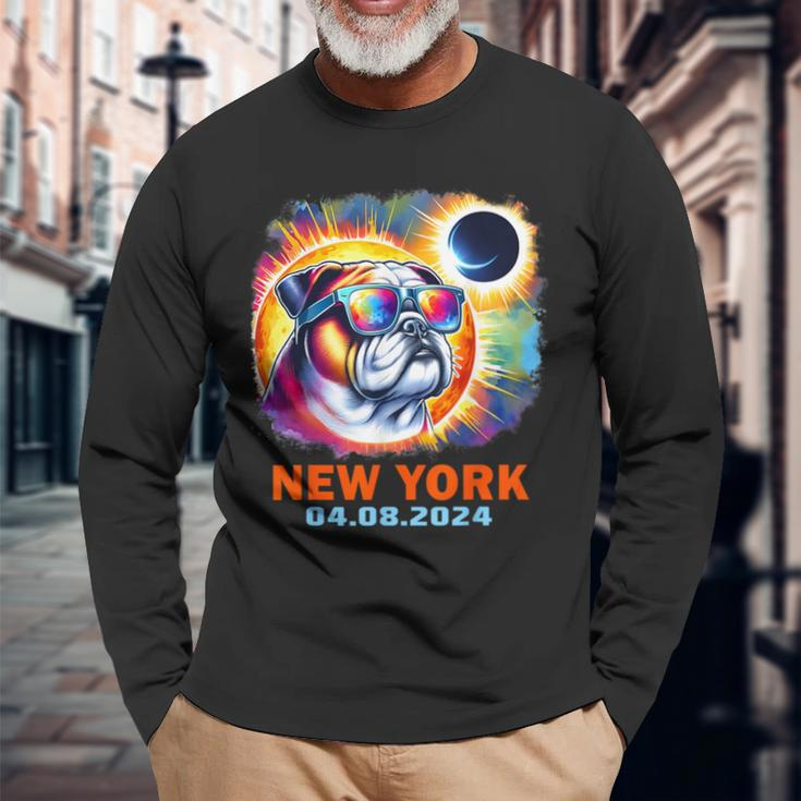 Colorful Bulldog Total Solar Eclipse 2024 New York Long Sleeve T-Shirt Gifts for Old Men