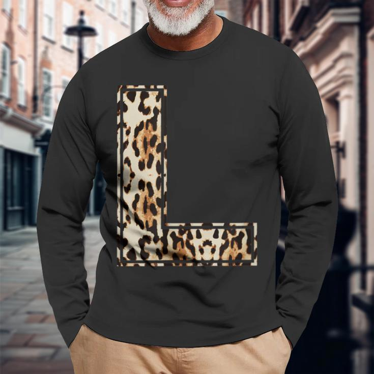 Cool Letter L Initial Name Leopard Cheetah Print Long Sleeve T-Shirt Gifts for Old Men