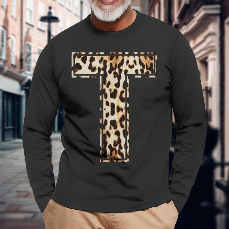 Cool LetterInitial Name Leopard Cheetah Print Long Sleeve T-Shirt Gifts for Old Men