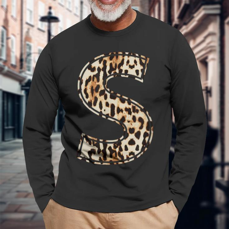 Cool Letter S Initial Name Leopard Cheetah Print Long Sleeve T-Shirt Gifts for Old Men