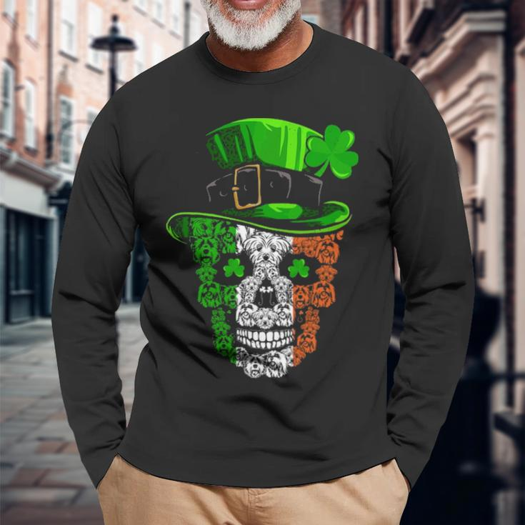 Cool St Patricks Day Maltese Dog Skull Shamrock Long Sleeve T-Shirt Gifts for Old Men