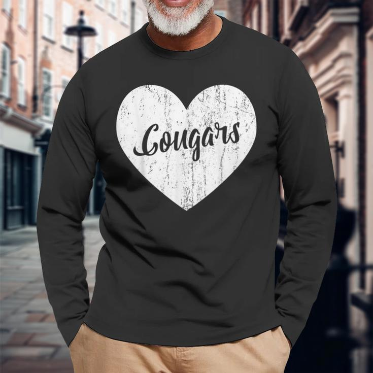 Cougars School Sports Fan Team Spirit Mascot Cute Heart Long Sleeve T-Shirt Gifts for Old Men
