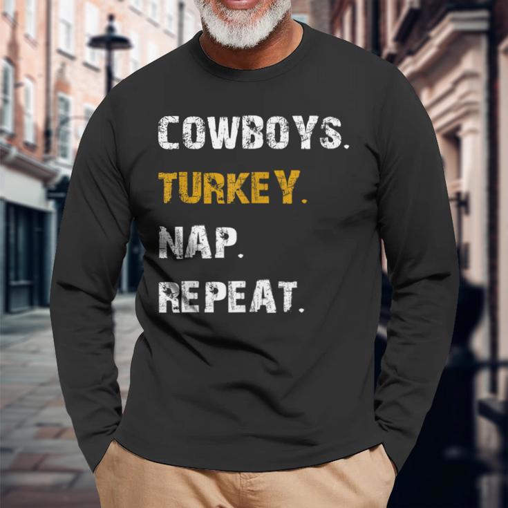 Cowboys Turkey Nap Repeat Thanksgiving Football Long Sleeve T-Shirt Gifts for Old Men