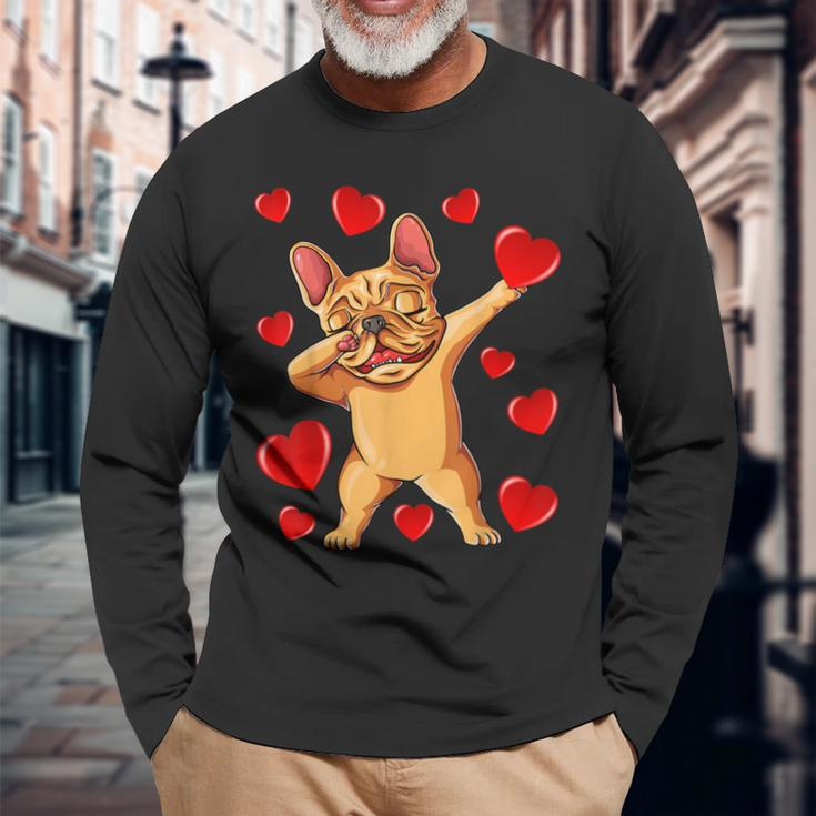 The Cream French Bulldog Dabbing Heart Valentines Day Long Sleeve T-Shirt Gifts for Old Men