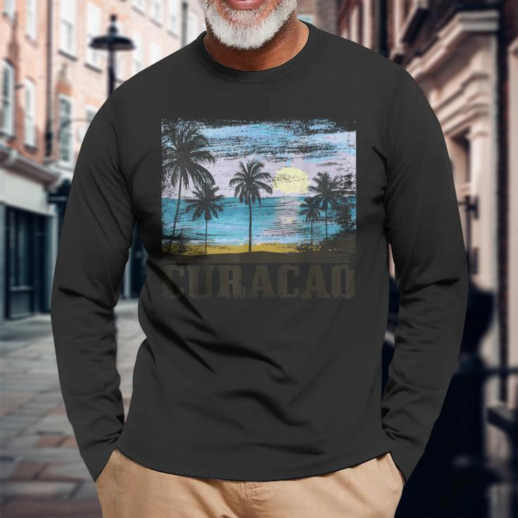 Curacao Vintage Palm Trees Surfer Caribbean Souvenir Gray Langarmshirts Geschenke für alte Männer