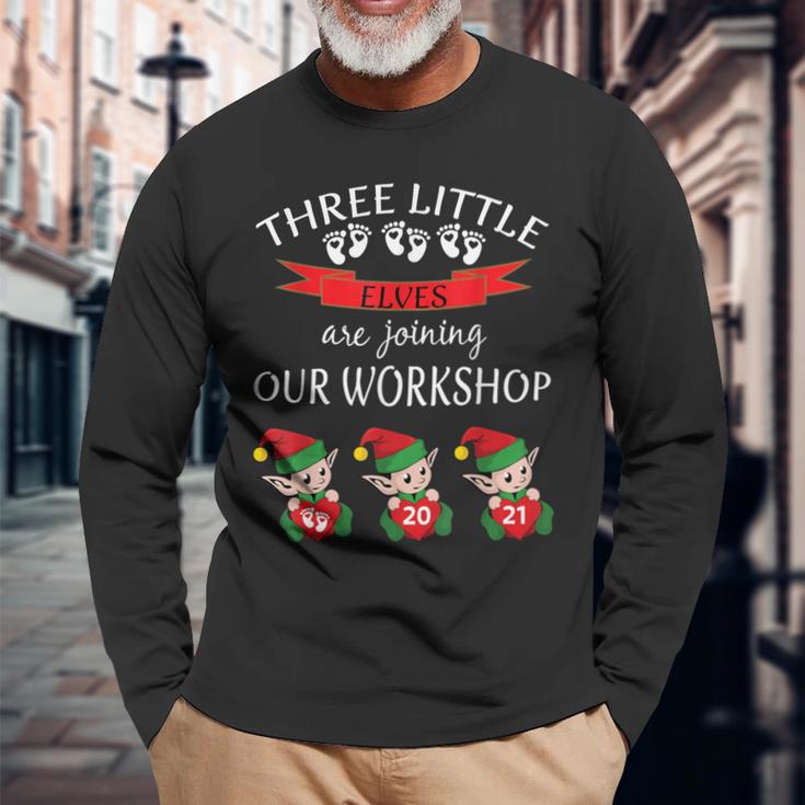 Cute 2021 Triplets Christmas Pregnancy New Baby Reveal Elf Long Sleeve T-Shirt Gifts for Old Men