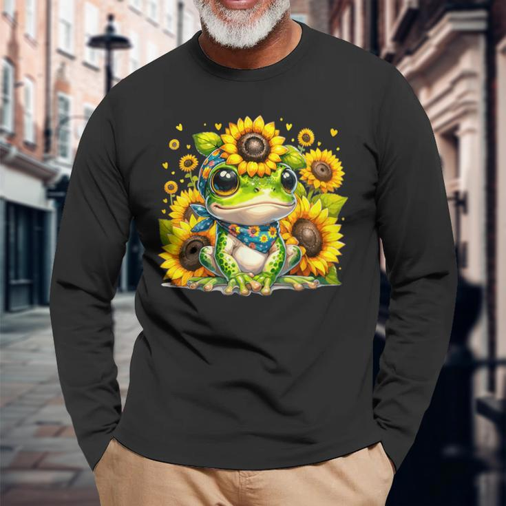 Cute Baby Frog Sunflowers Long Sleeve T-Shirt Gifts for Old Men