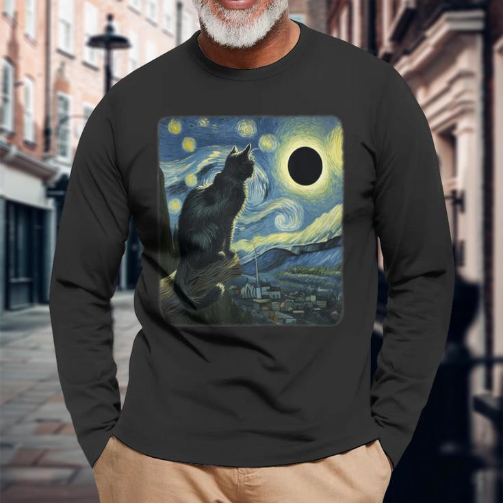 Cute Cat Starry Night Van Gogh Solar Eclipse April 08 2024 Long Sleeve T-Shirt Gifts for Old Men