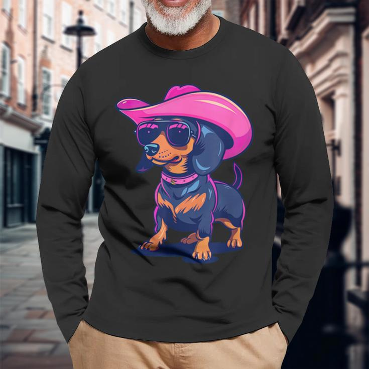Cute Dachshund Pink Cowboy Hat Wiener Sausage Dog Puppy Long Sleeve T-Shirt Gifts for Old Men