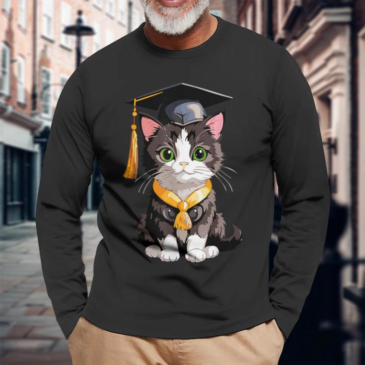 Cute Graduation Cat Colorful Kitty Kitten Grad Celebration Long Sleeve T-Shirt Gifts for Old Men