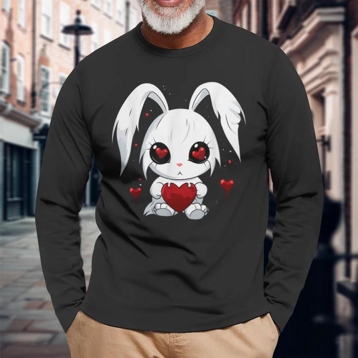 Cute Kawaii Goth Bunny Gothic White Bunny Red Heart Girls Long Sleeve T-Shirt Gifts for Old Men