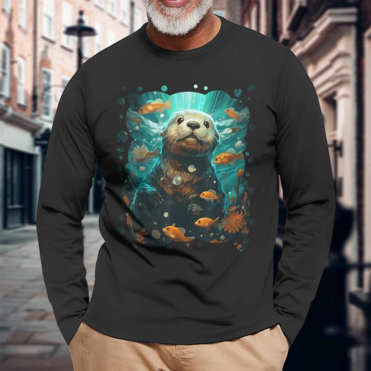 Cute Sea Otter Animal Nature Lovers Graphic Long Sleeve T-Shirt Gifts for Old Men