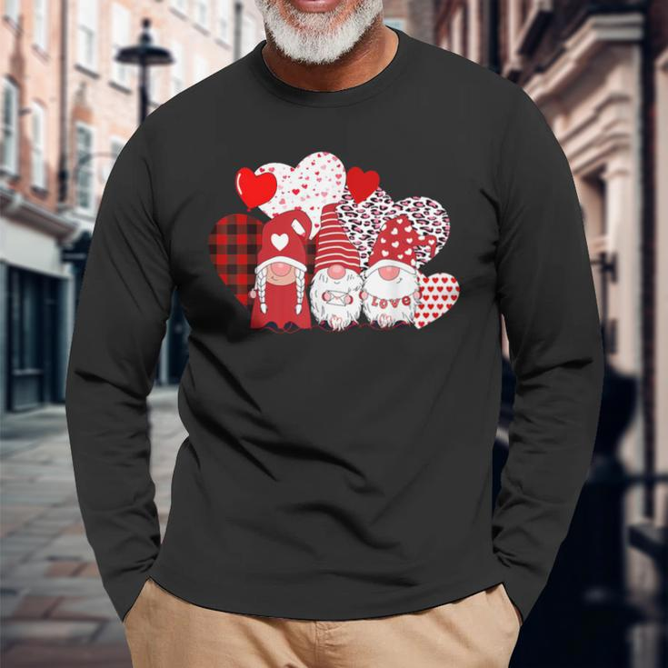 Cute Three Gnomes Holding Hearts Valentines Day Long Sleeve T-Shirt Gifts for Old Men