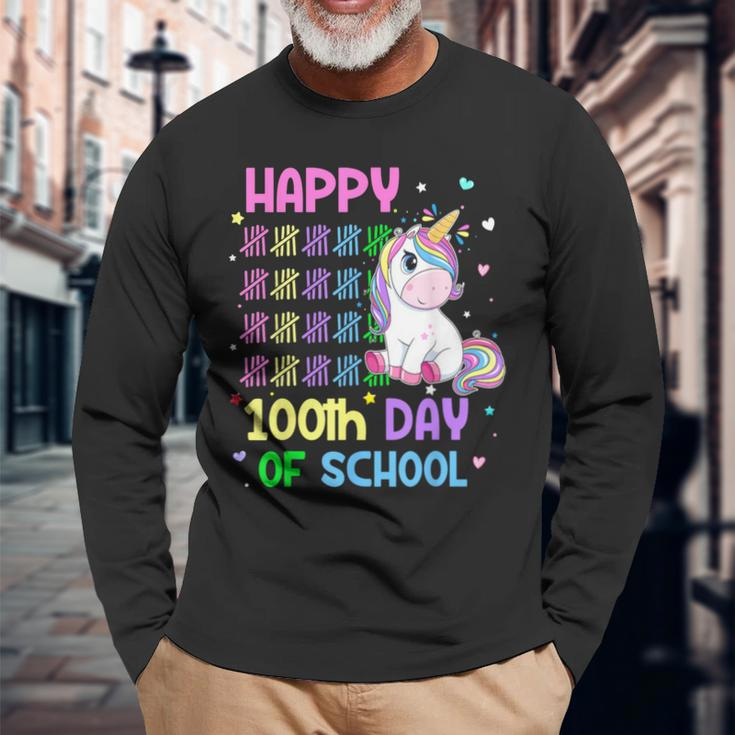 Cute Unicorn Happy 100Th Day Of School Unicorn Girls Teacher Long Sleeve T-Shirt Gifts for Old Men