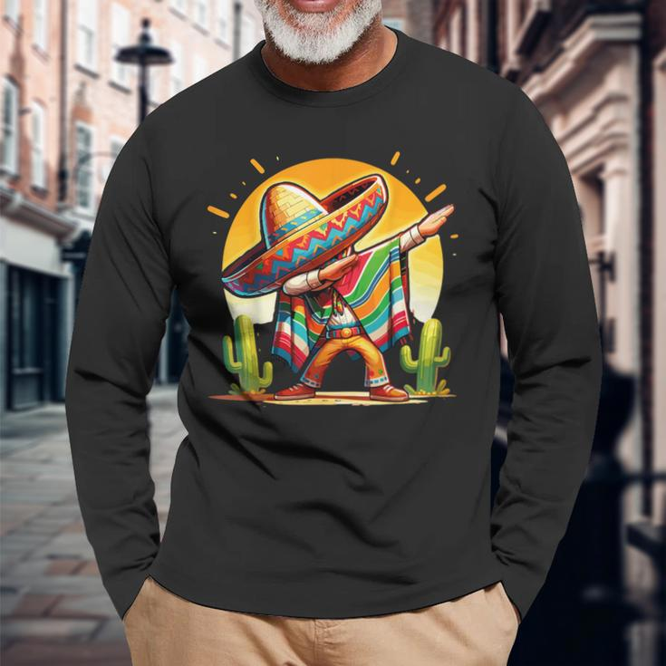 Dabbing Mexican Poncho Sombrero Dab Dance Cinco De Mayo Long Sleeve T-Shirt Gifts for Old Men