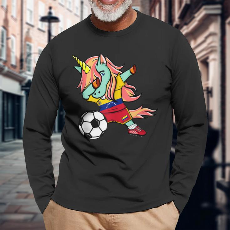 Dabbing Unicorn Venezuela Football Venezuelan Flag Soccer Long Sleeve T-Shirt Gifts for Old Men