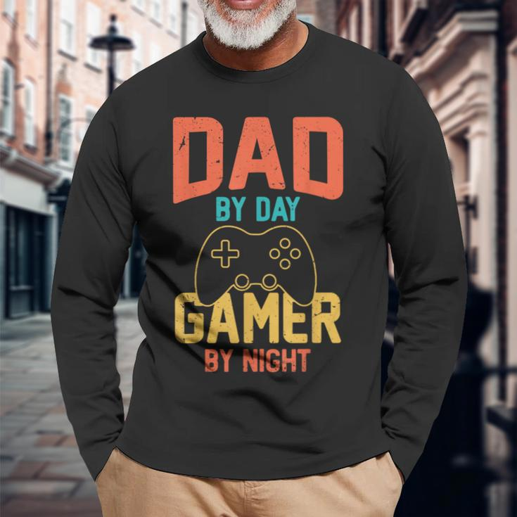Dad By Day Gamer By Night Video Gamer Dad Fathers Day Long Sleeve T-Shirt Gifts for Old Men