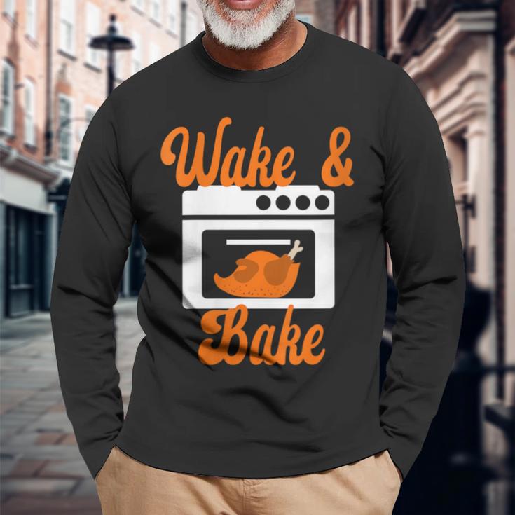 Damen Wake & Bake Thanksgiving Truthahn Lustiger Papa Witz Friendsgiving Mit-Ausschnitt Langarmshirts Geschenke für alte Männer