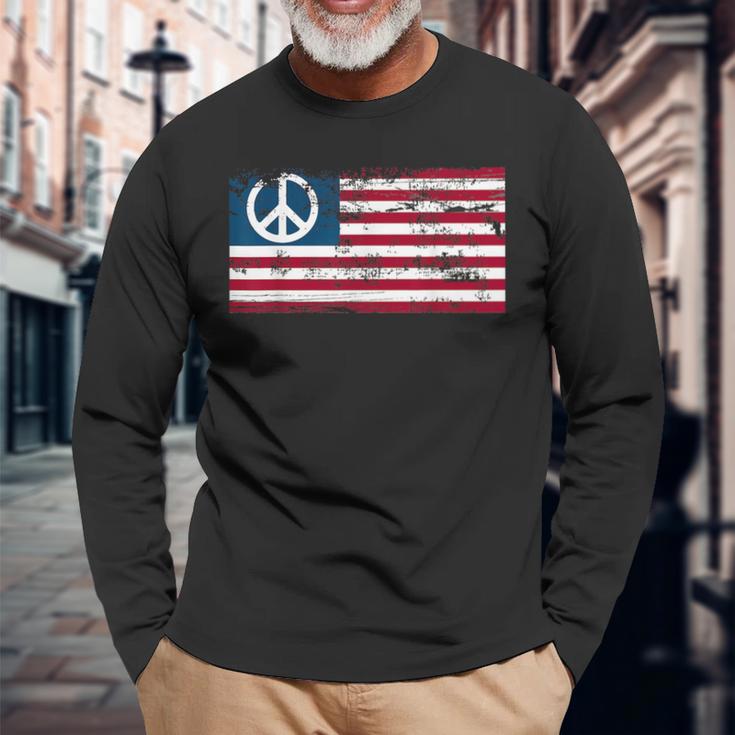 Distressed American Usa Flag With Peace Sign Long Sleeve T-Shirt Gifts for Old Men