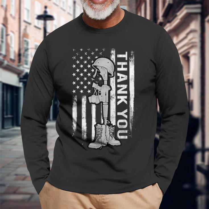 Distressed Memorial Day Flag Military Boots Dog Tags Long Sleeve T-Shirt Gifts for Old Men