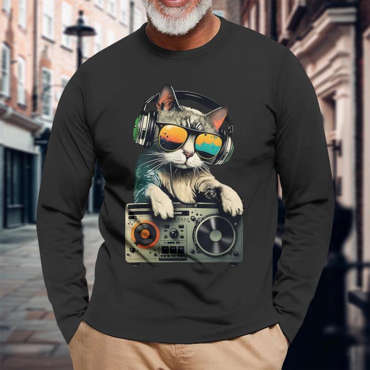 Dj Cat In Sunglasses Cat Dj Cat With Headphones Boombox Long Sleeve T-Shirt Gifts for Old Men