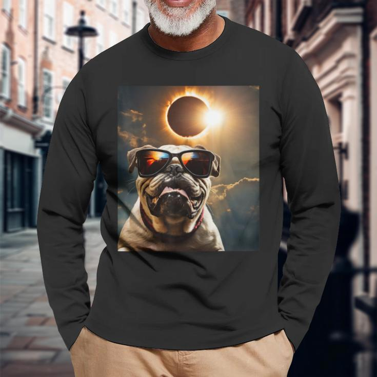 Dog Taking A Selfie With Solar 2024 Eclipse Wearing Glasses Long Sleeve T-Shirt Gifts for Old Men