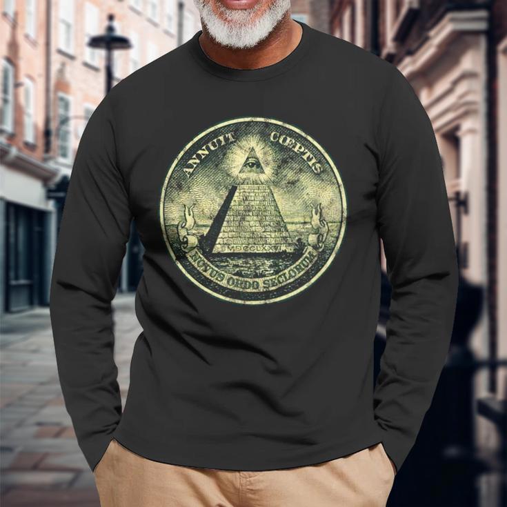 A Dollar Note Allseeing Eye Pyramid Illuminati Langarmshirts Geschenke für alte Männer