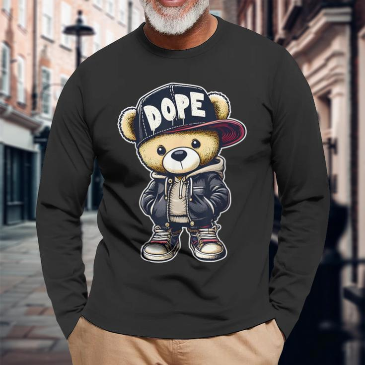 Dope Cute Hip Hop Teddy Bear 90S Hip Hop Clothing Long Sleeve T-Shirt Gifts for Old Men