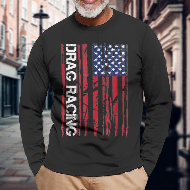 Drag Car Racing Patriotic American Flag Long Sleeve T-Shirt Gifts for Old Men