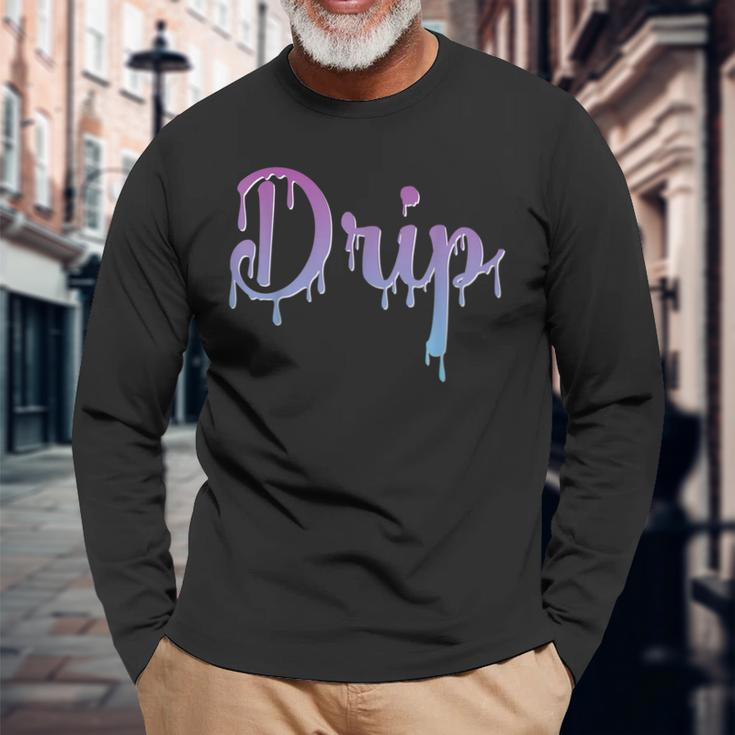 Drip Font Graphic Lettering Dripping Look Turquoise Purple Long Sleeve T-Shirt Gifts for Old Men