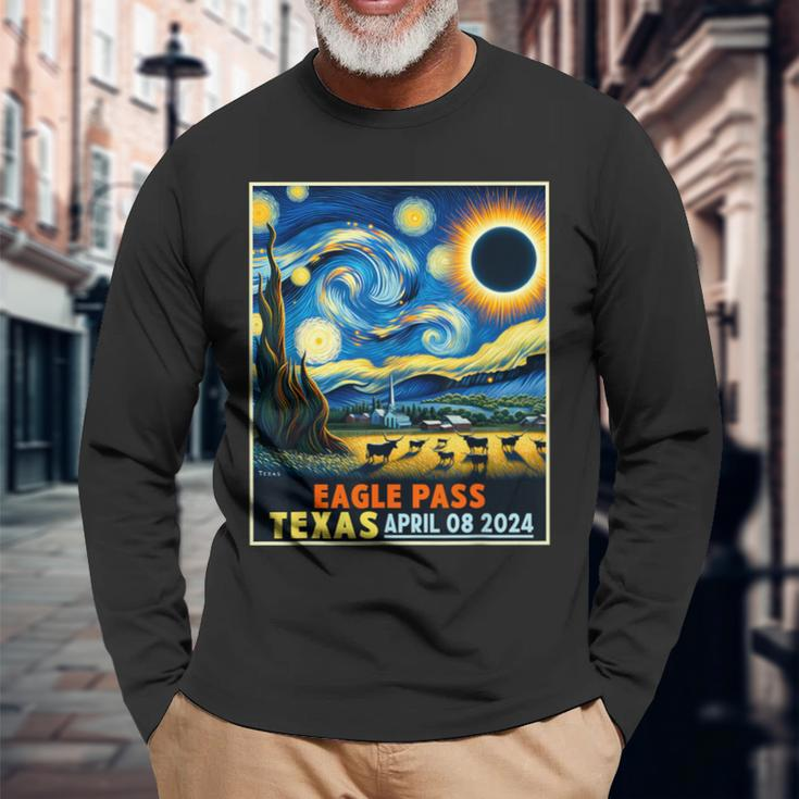 Eagle Pass Texas Total Solar Eclipse 2024 Starry Night Long Sleeve T-Shirt Gifts for Old Men