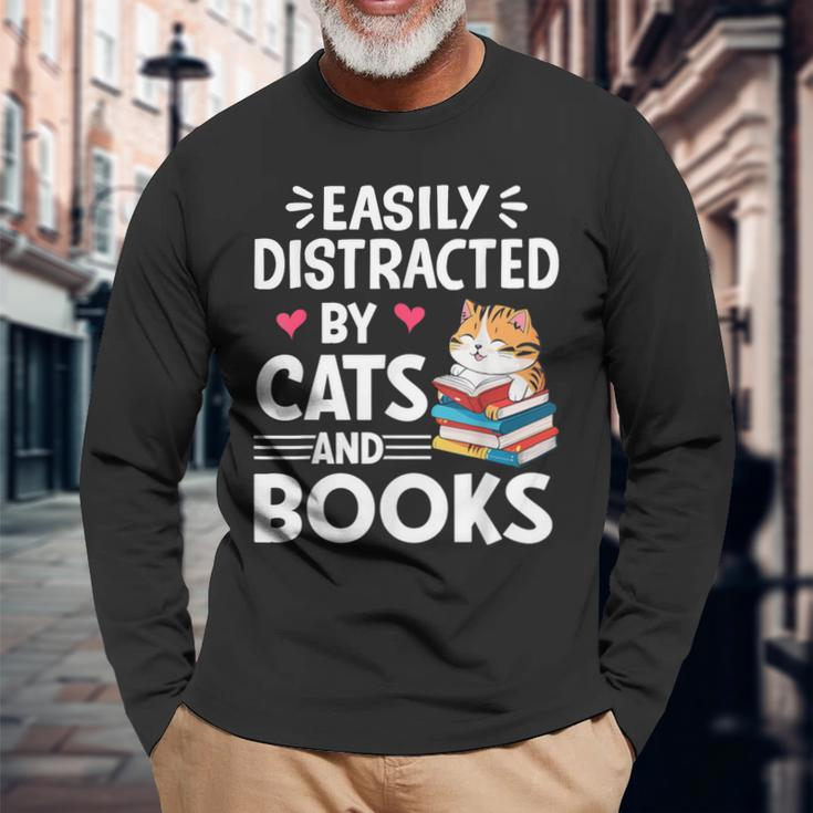 Easily Distracted By Cats And Books Cute Cat And Book Lovers Long Sleeve T-Shirt Gifts for Old Men