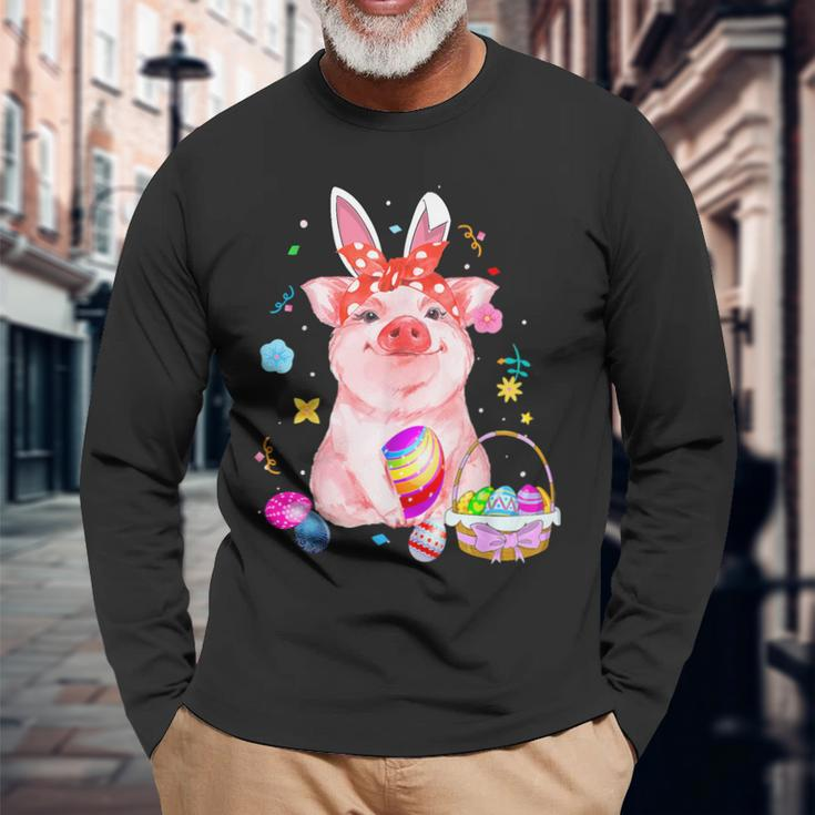 Easter Bunny Spring Pig Bow Egg Hunting Basket Colorful Long Sleeve T-Shirt Gifts for Old Men