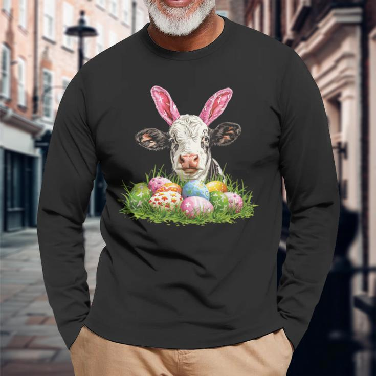 Easter Day Cow Easter Cow Bunny Ears Eggs Basket Long Sleeve T-Shirt Gifts for Old Men