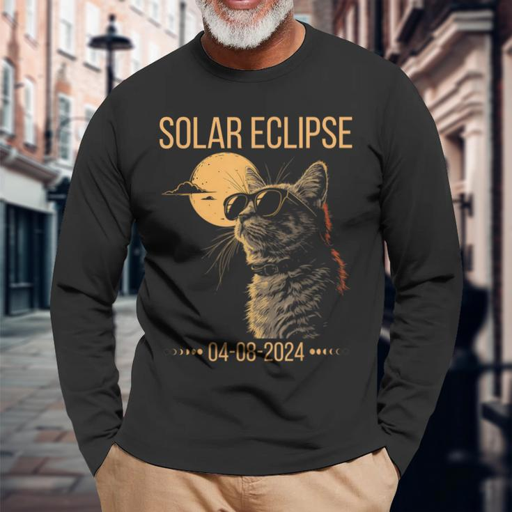 Eclipse Cat 2024 Solar Cat Totality Eclipse Solar 2024 Cat Long Sleeve T-Shirt Gifts for Old Men